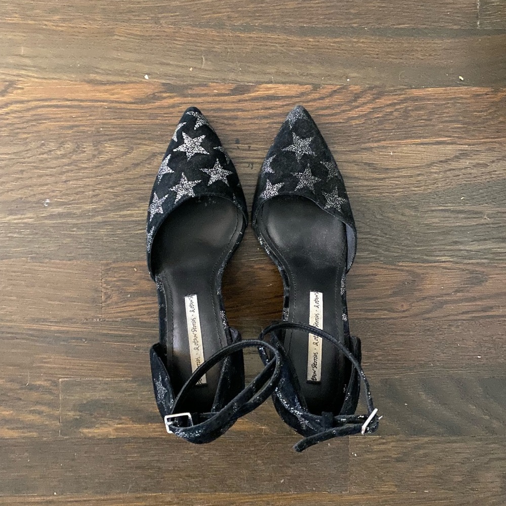 Black Suede D’Orsay Pump with Printed Stars and Ankle Strap - Picture 7 of 8